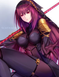 Rule 34 | 1girl, absurdres, armor, bodysuit, breasts, chain, covered navel, fate/grand order, fate (series), gae bolg (fate), head chain, highres, holding, holding weapon, jewelry, large breasts, long hair, looking at viewer, pauldrons, polearm, purple bodysuit, purple hair, red eyes, scathach (fate), shoulder armor, solo, spear, veil, weapon, x-kulon