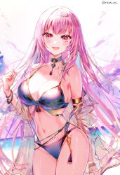Rule 34 | 1girl, absurdres, bare shoulders, bikini, black bikini, black choker, blush, breasts, choker, cleavage, collarbone, highres, hololive, hololive english, large breasts, long hair, looking at viewer, mori calliope, navel, open mouth, pink hair, red eyes, smile, solo, sowon, swimsuit, thighs, virtual youtuber