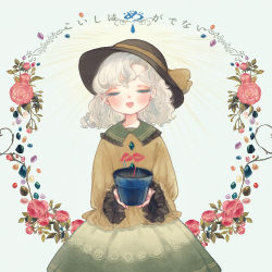 Rule 34 | 1girl, blue background, blush, closed eyes, facing viewer, floral background, floral print, flower, flower pot, frilled shirt collar, frilled sleeves, frills, hat, hat ribbon, holding, komeiji koishi, long sleeves, open mouth, pink rose, ribbon, rose, rose print, shirt, short hair, silver hair, skirt, smile, solo, text focus, touhou, wide sleeves, yujup
