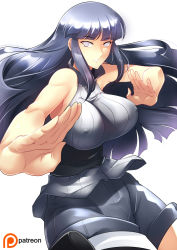 Rule 34 | 1girl, bare shoulders, blue hair, breasts, cowboy shot, eyebrows, fighting stance, haganef, hyuuga hinata, large breasts, long hair, looking at viewer, naruto, naruto (series), open mouth, simple background, sleeveless, solo, white background, white eyes
