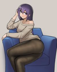 Rule 34 | 1girl, breasts, closed mouth, commentary, donburi (donburikazoku), gj-bu, highres, long hair, looking at viewer, pantyhose, purple eyes, purple hair, sitting, smile, solo, sumeragi shion