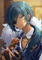 Rule 34 | + +, 1boy, antenna hair, artist name, black gloves, blue eyes, blue hair, blue vest, blurry, blurry background, closed mouth, collarbone, collared shirt, commentary request, dark-skinned male, dark skin, earrings, eyelashes, food, fruity skewers (genshin impact), fur trim, genshin impact, glint, gloves, gold trim, hair over shoulder, hands up, highres, hitsujino mery, holding, holding food, holding skewer, indoors, jewelry, kaeya (genshin impact), lapels, light particles, long hair, looking at viewer, low ponytail, male focus, meat, multicolored hair, one eye covered, parted bangs, partially fingerless gloves, pectoral cleavage, pectorals, ponytail, shirt, sidelocks, single earring, skewer, smile, solo, streaked hair, swept bangs, symbol-shaped pupils, upper body, vest, white shirt, wing collar
