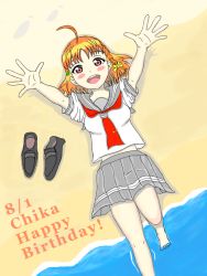 Rule 34 | 1girl, artist name, artist request, bare legs, beach, blush, bow, breasts, clover hair ornament, collarbone, detached sleeves, feet, female focus, grey skirt, hair bow, hair ornament, hairclip, hug, kouta 003, long sleeves, looking at viewer, love live!, love live! sunshine!!, miniskirt, ocean, orange hair, outstretched arms, parted lips, pleated skirt, red eyes, red neckwear, ribbon, sailor collar, school uniform, shirt, shoes, short hair, skirt, small breasts, smile, solo, takami chika, white shirt, yellow bow