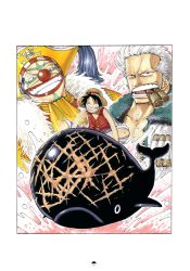 Rule 34 | black hair, blue hair, border, buggy the clown, cigar, facepaint, hat, highres, jolly roger, laboon, monkey d. luffy, oda eiichirou, official art, one piece, pirate, pirate hat, red vest, scar, sitting, smile, smoker (one piece), straw hat, vest, whale, white hair