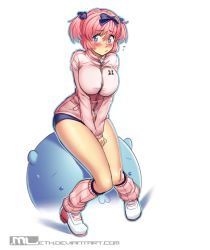 Rule 34 | + +, 10s, 1girl, between legs, blue bow, blue eyes, blush, bow, breasts, buruma, commentary, flying sweatdrops, full body, hair bow, hand between legs, hibari (senran kagura), highres, jacket, knees together feet apart, large breasts, leg warmers, mleth, pink hair, senran kagura, shoes, short hair, short twintails, sitting, solo, symbol-shaped pupils, track jacket, twintails, v arms