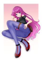 Rule 34 | 1girl, absurdres, black shirt, blue eyes, blue pantyhose, border, breasts, closed mouth, clothing cutout, goldred, gradient background, high heels, highres, kirishima romin, long hair, looking at viewer, panties, panties under pantyhose, pantyhose, pink background, pumps, purple hair, red footwear, shirt, short sleeves, shoulder cutout, small breasts, smile, solo, thigh strap, tongue, tongue out, underwear, very long hair, white background, white border, yu-gi-oh!, yu-gi-oh! sevens