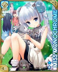 Rule 34 | 3girls, black bow, blue eyes, blue footwear, blunt bangs, bow, card, character name, checkered clothes, checkered dress, day, dress, expressionless, girlfriend (kari), miss monochrome, miss monochrome (character), multiple girls, official art, open mouth, outdoors, qp:flapper, rabbit, sitting, solo, tagme, twintails, white dress, white hair