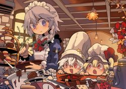 Rule 34 | 3girls, :d, :o, apron, artistic error, bad id, bad twitter id, blonde hair, blue eyes, blush, bow, bowtie, braid, cake, candy, chef hat, chocolate, chocolate bar, chocolate making, commentary request, cup, drooling, fang, flandre scarlet, flower, food, frilled apron, frills, hair between eyes, hat, highres, index finger raised, indoors, izayoi sakuya, juliet sleeves, knife, lamp, long sleeves, maid headdress, moyazou (kitaguni moyashi seizoujo), multiple girls, nose blush, open mouth, puffy sleeves, red bow, red bowtie, red eyes, red flower, remilia scarlet, side ponytail, smile, star (symbol), teacup, teapot, tiered tray, touhou, twin braids, watch, weighing scale, whisk, white apron, white flower, white hair, white hat