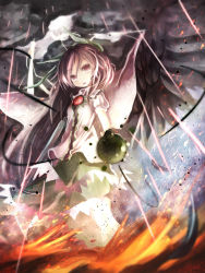 Rule 34 | 1girl, arm cannon, bird wings, black wings, bow, brown eyes, brown hair, cape, chii (tsumami tsumamare), cloud, cloudy sky, energy ball, fire, fire, hair bow, highres, long hair, looking at viewer, open mouth, rain, reiuji utsuho, shirt, skirt, sky, solo, storm, third eye, touhou, very long hair, weapon, wings