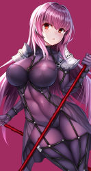 Rule 34 | 1girl, :o, armor, bodysuit, breasts, covered collarbone, covered navel, dual wielding, fate/grand order, fate (series), gae bolg (fate), hair between eyes, hair intakes, highres, holding, holding weapon, impossible bodysuit, impossible clothes, large breasts, legs together, long hair, looking at viewer, nano (syoutamho), polearm, purple background, purple bodysuit, purple hair, red eyes, scathach (fate), shoulder armor, simple background, skin tight, solo, standing, thick thighs, thighs, turtleneck, very long hair, weapon
