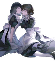 Rule 34 | 2girls, absurdres, apron, arm at side, black dress, black footwear, black hair, blunt bangs, bob cut, brown hair, collared dress, couple, dress, duplicate, face-to-face, feet out of frame, frilled apron, frills, from side, hands up, highres, imminent kiss, kneeling, long hair, long sleeves, looking at viewer, maid, maid apron, multiple girls, neck ribbon, original, pantyhose, parted lips, pixel-perfect duplicate, puffy short sleeves, puffy sleeves, purple eyes, red eyes, ribbon, short hair, short sleeves, sideways glance, simple background, sitting, sleepless (wrysmile), tongue, tongue out, waist apron, white apron, white background, white pantyhose, white ribbon, yokozuwari, yuri