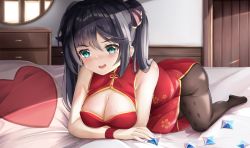Rule 34 | 1girl, all fours, alternate breast size, alternate costume, aqua eyes, bare shoulders, bed sheet, black hair, blush, breasts, china dress, chinese clothes, cleavage, cleavage cutout, clothing cutout, commentary, day, door, dress, earrings, floral print, gem, genshin impact, hair ribbon, highres, indoors, jewelry, large breasts, long sleeves, looking at viewer, mctom, mona (genshin impact), nervous smile, on bed, open mouth, pantyhose, pillow, print pantyhose, red dress, ribbon, side slit, sleeveless, sleeveless dress, smile, solo, sunlight, twintails, window, wristband
