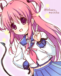 Rule 34 | 1girl, ahoge, angel beats!, blue sailor collar, blue skirt, blush, commentary, cross hair ornament, demon tail, eyes visible through hair, fake tail, fang, hair between eyes, hair ornament, hand on own hip, hand up, haruchimo, highres, long hair, long sleeves, looking at viewer, neckerchief, open mouth, pink background, pink eyes, pink hair, pink neckerchief, pleated skirt, sailor collar, shinda sekai sensen uniform, shirt, sidelocks, simple background, sketch, skin fang, skirt, smile, smug, solo, star (symbol), straight hair, tail, twitter username, two side up, v, very long hair, white shirt, yui (angel beats!)