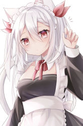 Rule 34 | 1girl, animal ears, black dress, bow, braid, braided bangs, breasts, cat ears, closed mouth, collar, commentary, detached collar, dress, hair between eyes, hair ribbon, hand up, highres, long sleeves, looking at viewer, maid, maid headdress, notice lines, original, red bow, red eyes, red ribbon, ribbon, ringouulu, silver hair, simple background, small breasts, solo, twitter username, two side up, white background, white collar, wing collar