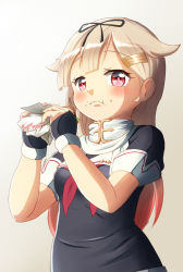 Rule 34 | 1girl, arms up, black gloves, black ribbon, blonde hair, blunt bangs, blush, burger, eating, fingerless gloves, food, food on face, gloves, gradient background, hair ribbon, hands up, holding, holding food, kantai collection, long hair, maku ro, neckerchief, puffy short sleeves, puffy sleeves, red eyes, ribbon, scarf, school uniform, serafuku, short sleeves, simple background, v arms, white scarf, yuudachi (kancolle)