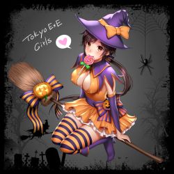 Rule 34 | 1girl, bad id, bad pixiv id, black hair, boots, bow, breasts, broom, broom riding, brown eyes, candy, capelet, cleavage, cleavage cutout, clothing cutout, copyright name, covered erect nipples, detached sleeves, dress, food, full body, hair bow, halloween, hat, hat bow, heart, high heel boots, high heels, highres, jack-o&#039;-lantern, knee boots, large breasts, lollipop, long hair, looking at viewer, mouth hold, orange dress, ponytail, re:shimashima, sitting, sleeveless, sleeveless dress, smile, solo, spoken heart, striped bow, striped clothes, striped thighhighs, thighhighs, tokyo exe girls, very long hair, witch, witch hat, yoyogi akari
