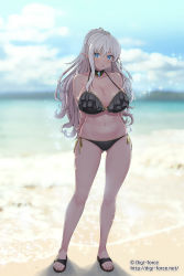 Rule 34 | 1girl, arms behind back, bare legs, bare shoulders, beach, bikini, black bikini, blue eyes, blurry, blurry background, blush, breasts, cleavage, collar, collarbone, depth of field, elf, flip-flops, frilled bikini, frills, full body, gem, gluteal fold, grey hair, highres, kimura shigetaka, large breasts, long hair, looking at viewer, mole, mole under mouth, navel, ocean, original, parted lips, pointy ears, ponytail, ribbon, sandals, side-tie bikini bottom, solo, sparkle, standing, stomach, swimsuit, very long hair, water, yellow ribbon
