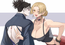 Rule 34 | 1boy, 1girl, backless outfit, black hair, blonde hair, bracelet, breasts, brown eyes, camisole, choso (jujutsu kaisen), cleavage, collar, collarbone, earrings, facial tattoo, highres, jewelry, jip, jujutsu kaisen, large breasts, looking at viewer, one eye closed, short twintails, sleeveless, spaghetti strap, tattoo, tsukumo yuki (jujutsu kaisen), twintails, upper body, v, yellow eyes