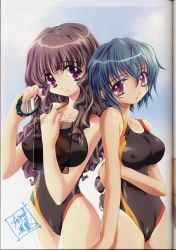 Rule 34 | 00s, 2girls, :o, absurdres, back-to-back, black hair, blue hair, breasts, cameltoe, clipboard, cloud, competition swimsuit, covered erect nipples, day, goggles, gradient hair, hair between eyes, highres, holding, large breasts, lens flare, long hair, looking at viewer, maple colors, multicolored hair, multiple girls, one-piece swimsuit, one-piece tan, open mouth, outdoors, pink eyes, purple eyes, purple hair, sakamoto kanako, scan, scan artifacts, school swimsuit, short hair, sidelocks, skin tight, sky, smile, standing, stopwatch, sugiyama genshou, suzuhara sora, swimsuit, tan, tanline, transparent, watch, wavy hair