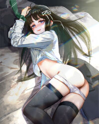 Rule 34 | 1girl, absurdres, ahoge, ass, awa subaru, black hair, black thighhighs, blush, bound, bound wrists, c1718259, commentary request, fang, girls band cry, green necktie, hair ribbon, highres, long hair, long sleeves, looking at viewer, necktie, open mouth, panties, panty pull, parted bangs, partial commentary, pussy, pussy peek, ribbon, shirt, sidelocks, skindentation, solo, sweatdrop, teeth, thighhighs, underwear, upper teeth only, variant set, white panties, white ribbon, white shirt