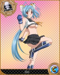 Rule 34 | 10s, 1girl, animal ears, antenna hair, armor, bare shoulders, barefoot, black skirt, black socks, blue gloves, blue hair, blush, border, breasts, card (medium), cat ears, character name, checkered background, chess piece, clenched hands, closed mouth, crop top, earrings, fingerless gloves, from side, gloves, gradient background, hand up, high school dxd, jewelry, kneehighs, large breasts, leg lift, leg up, li (high school dxd), light smile, long hair, looking at viewer, low ponytail, midriff, miniskirt, navel, neckerchief, no bra, official art, parted bangs, pawn (chess), pleated skirt, ponytail, red eyes, runes, school uniform, serafuku, shin guards, skirt, smile, socks, solo, standing, standing on one leg, tank top, toeless legwear, toes, trading card, underboob, very long hair