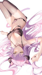 Rule 34 | 1girl, animal ear fluff, animal ears, cat ears, cat tail, choker, highres, horns, long hair, looking at viewer, lying, nail polish, on back, original, pink hair, pubic tattoo, revealing clothes, slit pupils, tail, tattoo, thighhighs, thighs, tsuki-shigure, very long hair, white background, yellow eyes