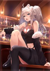 Rule 34 | 1girl, :o, absurdres, ahoge, animal ears, ankle boots, bar (place), bare legs, bare shoulders, black footwear, black jacket, black shirt, black thighhighs, blue eyes, blurry, blurry background, blush, boots, bottle, breasts, cleavage, commentary request, cup, depth of field, drinking glass, earrings, fangs, feet out of frame, fur-trimmed jacket, fur trim, glint, hair between eyes, highres, holding, holding cup, hololive, huge filesize, indoors, jacket, jewelry, knee up, large breasts, long hair, looking at viewer, necklace, open clothes, open jacket, open mouth, see-through, see-through cleavage, shiina aoi, shirt, shishiro botan, shishiro botan (1st costume), sidelocks, silver hair, single thighhigh, sitting, solo, thighhighs, torn clothes, torn thighhighs, two side up, virtual youtuber