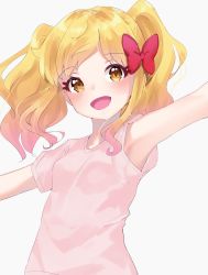 Rule 34 | 1girl, :d, aikatsu! (series), aikatsu stars!, armpits, blonde hair, blush, bow, breasts, brown eyes, commentary request, grey background, hair bow, highres, k mugura, looking at viewer, nijino yume, open mouth, outstretched arms, parted bangs, pink shirt, red bow, shirt, short sleeves, simple background, small breasts, smile, solo, spread arms, twintails, upper body