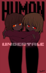 Rule 34 | 2others, bano akira, blush, brown hair, chara (undertale), closed mouth, frisk (undertale), glowing, glowing eyes, grin, hug, long sleeves, looking at viewer, multiple others, red eyes, red sweater, red theme, short hair, smile, striped clothes, striped sweater, sweater, undertale, unusually open eyes