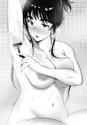 Rule 34 | 1girl, :o, areola slip, arm up, armpit hair, armpits, bathing, black hair, breasts, chicken4260, collarbone, completely nude, covering nipples, covering privates, greyscale, highres, holding, indoors, large breasts, monochrome, navel, nude, open mouth, original, razor, restroom, solo, stomach, tile wall, tiles, wet