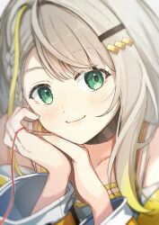 Rule 34 | 1girl, a.i. voice, absurdres, black choker, blonde hair, blurry, blush, braid, choker, closed mouth, collarbone, commentary, depth of field, green eyes, grey hair, hair ornament, hairclip, head rest, highres, hymgkamui, looking at viewer, multicolored hair, off shoulder, own hands together, portrait, side braid, single hair intake, smile, solo, spaghetti strap, streaked hair, string, string around finger, string of fate, tsunose kotone