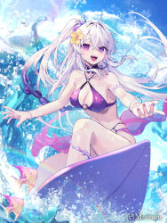 Rule 34 | 1girl, ahoge, armlet, bare shoulders, bikini, breasts, choker, cleavage, criss-cross halter, fang, fish, floating hair, flower, hair flower, hair ornament, halterneck, large breasts, long hair, looking at viewer, multi-strapped bikini bottom, natsuiro xx, navel, o-ring, o-ring bikini, official art, one side up, open mouth, outstretched arms, purple bikini, purple choker, purple eyes, smile, solo, stomach, string bikini, surfboard, swimsuit, teikoku senki, thighs, very long hair, water, wet, white hair