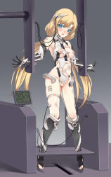 Rule 34 | 1girl, angela balzac, bad id, bad pixiv id, bdsm, blonde hair, blue eyes, bondage, bound, breasts, collar, highres, long hair, looking at viewer, nipples, pussy, rakuen tsuihou, restrained, solo, stationary restraints, tama (tamatamo), torn clothes, twintails, uncensored, very long hair