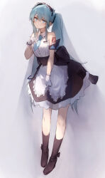 Rule 34 | 1girl, adapted costume, alternate costume, apron, aqua eyes, aqua hair, back bow, bare shoulders, black bow, black footwear, black socks, blush, bow, breasts, collared shirt, commentary request, crossed bangs, enmaided, full body, gloves, hair between eyes, hand up, hatsune miku, highres, long hair, looking at viewer, maid, maid apron, maid headdress, medium breasts, mihoranran, open mouth, shirt, sidelocks, simple background, sleeveless, sleeveless shirt, socks, solo, standing, sweatdrop, twintails, very long hair, vocaloid, white background, white gloves, white shirt