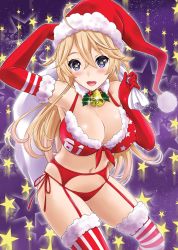 Rule 34 | 10s, 1girl, bell, bikini, blonde hair, blue eyes, breasts, christmas, cleavage, covered erect nipples, elbow gloves, garter belt, garter straps, gloves, hat, highres, holly, iowa (kancolle), kantai collection, large breasts, mistletoe, navel, neko danshaku, open mouth, outline, red bikini, sack, santa hat, side-tie bikini bottom, solo, star-shaped pupils, star (symbol), striped clothes, striped thighhighs, swimsuit, symbol-shaped pupils, thighhighs