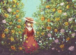 Rule 34 | 1girl, brown hair, day, dress, feet out of frame, flower, ge dazuo, green eyes, hand up, hat, hat ribbon, highres, holding, holding flower, long hair, looking at viewer, orange flower, orange rose, original, outdoors, red dress, red ribbon, ribbon, rose, short sleeves, signature, solo, standing, sun hat, white flower, white rose