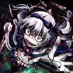 Rule 34 | 1girl, apron, blood, blood on clothes, blood on face, corpse, crazy eyes, death, extra arms, knife, lowres, maid apron, monster girl, original, simple background, solo, tana (garyuh-chitai)