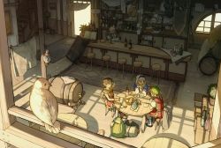 Rule 34 | 1girl, 2boys, bag, bandana, bar (place), barrel, bird, bottle, brown hair, building, cape, chair, character request, couch, dress, drinking, everyone, food, gensou suikoden, gensou suikoden i, gensou suikoden ii, house, long sleeves, multiple boys, occacia, red hair, riou (suikoden), shade, short hair, sierra mikain, silver hair, sitting, standing, sunlight, table, tavern, tir mcdohl