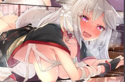 Rule 34 | 1girl, animal ear fluff, animal ears, ass, azur lane, bandaged arm, bandages, blush, hato haru, heart, heart-shaped pupils, implied sex, long hair, looking at viewer, open mouth, out-of-frame censoring, short eyebrows, solo, sweat, symbol-shaped pupils, tagme, tail, thick eyebrows, wolf ears, wolf tail, yuudachi (azur lane), yuudachi (shogun of snowballs) (azur lane)