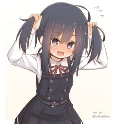 Rule 34 | 1girl, :d, alternate hairstyle, asashio (kancolle), black eyes, black hair, blush, buttons, commentary request, dated, dress, flying sweatdrops, fujisaki yuu, holding, holding own hair, kantai collection, leaning forward, long hair, long sleeves, looking at viewer, neck ribbon, one-hour drawing challenge, open mouth, pinafore dress, red ribbon, ribbon, shirt, simple background, sleeveless, sleeveless dress, smile, solo, twintails, twitter username, white shirt
