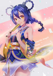 Rule 34 | 10s, 1girl, alternate hairstyle, angelic angel, blue hair, braid, braided hair rings, detached sleeves, folding fan, hair rings, hand fan, japanese clothes, kimono, lino chang, long hair, love live!, love live! school idol project, love live! the school idol movie, smile, solo, sonoda umi, thighhighs, yellow eyes