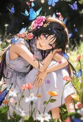 Rule 34 | 1girl, absurdres, arm on knee, black hair, blurry, blurry background, bug, butterfly, collar, commentary, dress, flower, frilled collar, frills, grass, hair flower, hair ornament, highres, insect, jewelry, knees up, long hair, looking at viewer, mole, mole under eye, open mouth, original, pink flower, purple eyes, purple flower, ring, sitting, sundress, symbol-only commentary, white dress, white flower, ye jji, yellow flower