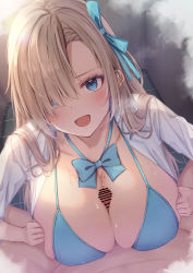Rule 34 | 1boy, 1girl, aqua bow, assertive female, asuna (blue archive), bar censor, bikini, bikini under clothes, blonde hair, blue archive, blue bow, blue bowtie, blue eyes, blue ribbon, blush, bow, bowtie, breasts, breasts squeezed together, censored, collarbone, hair bow, hair over one eye, hetero, highres, indoors, large breasts, long hair, looking at viewer, open clothes, open mouth, open shirt, paizuri, paizuri under clothes, penis, pov, ribbon, shirt, smile, solo focus, string bikini, swimsuit, tansan gitune, white shirt