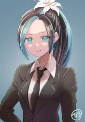 Rule 34 | 1girl, black hair, black jacket, black necktie, blue background, blue eyes, blue hair, closed mouth, collared shirt, earrings, flower, formal, hair flower, hair ornament, jacket, jewelry, long hair, long sleeves, looking at viewer, necktie, one-punch man, ponytail, sansetsukon no lily, shirt, smile, solo, te mu, two-tone background, upper body, white flower, white shirt