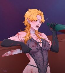 Rule 34 | 1girl, alcohol, black gloves, blood, blood on clothes, blood on face, bloody weapon, bottle, breasts, cleavage, dio brando, drunk, elbow gloves, fangs, genderswap, genderswap (mtf), gloves, highres, holding, holding bottle, holding knife, jojo no kimyou na bouken, knife, large breasts, looking at viewer, nipples, open mouth, red eyes, red lips, see-through, solo, sombercat1997, thick thighs, thighs, weapon, wine, wine bottle
