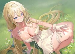 Rule 34 | 1girl, absurdres, bare arms, bare shoulders, barefoot, blonde hair, blue eyes, breasts, cleavage, dress, field, freng, gloves, grass, hair ornament, hairclip, halter dress, halterneck, highres, large breasts, long hair, looking at viewer, mole, mole under eye, no bra, original, outdoors, short dress, sleeveless, sleeveless dress, smile, solo, spaghetti strap, thigh strap, thighs, very long hair, white dress, white gloves