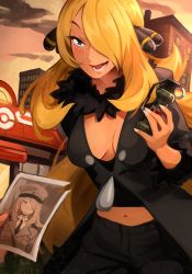 Rule 34 | 1girl, absurdres, aged down, black coat, black pants, black shirt, blonde hair, blush, breasts, cleavage, coat, commentary, creatures (company), cynthia (pokemon), english commentary, eyelashes, flashbang, fur-trimmed coat, fur trim, game freak, hair ornament, hair over one eye, hat, highres, holding, holding photo, khyle., long hair, lower teeth only, navel, nintendo, open mouth, outdoors, pants, photo (object), pokemon, pokemon center, pokemon dppt, scar, shirt, teeth, tongue