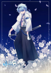 Rule 34 | 1boy, bad id, bad pixiv id, blue background, blue eyes, blue hair, chest tattoo, copyright name, cup00nox, flower, full body, hair over one eye, hand tattoo, headband, looking at viewer, male focus, open clothes, open shirt, petals, pixiv fantasia, pixiv fantasia age of starlight, sheath, sheathed, shirt, solo, tattoo, white shirt
