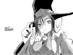 Rule 34 | 00s, 1girl, :3, bare shoulders, blair (soul eater), breasts, hat, hat tip, lavapants, looking at viewer, monochrome, sideboob, sideboob cutout, slit pupils, solo, soul eater, tagme, white background, witch, witch hat