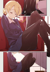 Rule 34 | 10s, 1girl, black footwear, black necktie, black pantyhose, blonde hair, blue hair, blue sweater, blush, closed eyes, closed mouth, clothed masturbation, comic, couch, cup, curtains, darjeeling (girls und panzer), door, emblem, female masturbation, from side, girls und panzer, head out of frame, indoors, legs up, loafers, long sleeves, masturbation, masturbation through clothes, motion lines, necktie, on couch, pantyhose, pleated skirt, saucer, shikei, shoes, sitting, skirt, st. gloriana&#039;s (emblem), sweater, table, teacup, trembling